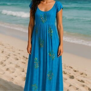Tropical Batik | Blue Floral Midi/Maxi Dress L/XL | Hawaiian Beach Resort-wear